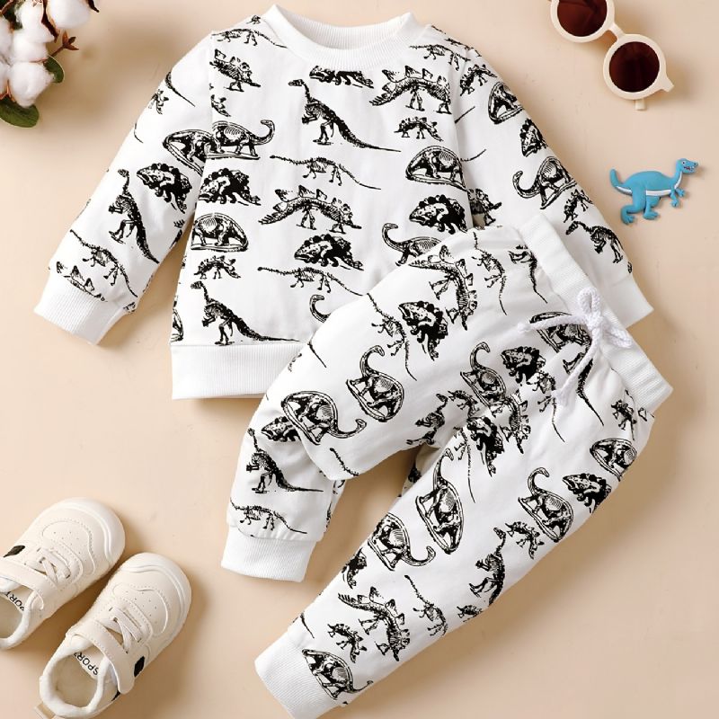 2 Stk Småbørn Drenge Dinosaur Print Rund Hals Sweatshirt & Snorebukser Sæt