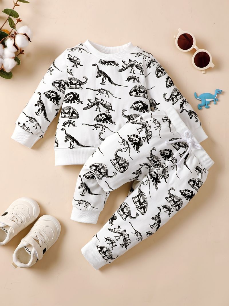 2 Stk Småbørn Drenge Dinosaur Print Rund Hals Sweatshirt & Snorebukser Sæt