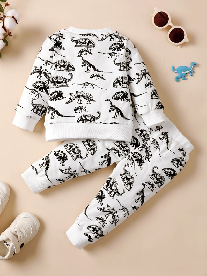 2 Stk Småbørn Drenge Dinosaur Print Rund Hals Sweatshirt & Snorebukser Sæt