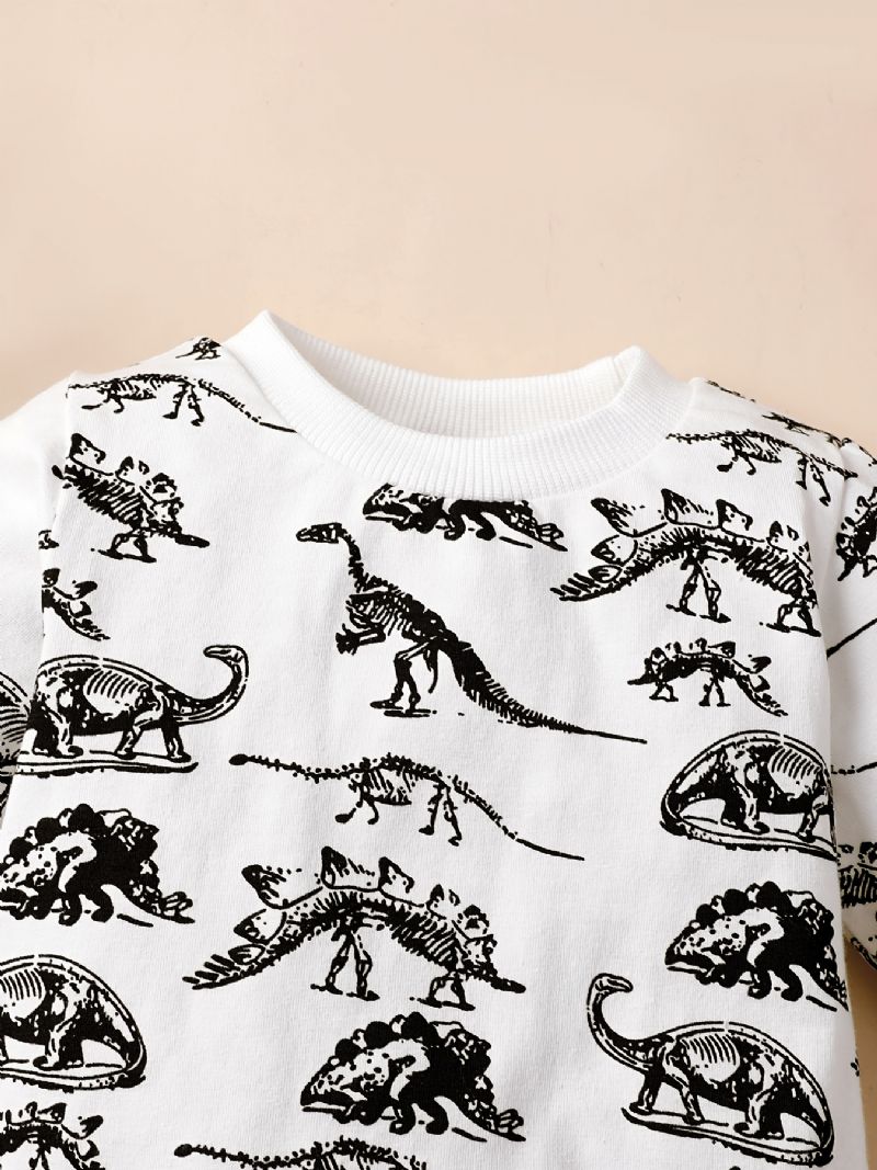 2 Stk Småbørn Drenge Dinosaur Print Rund Hals Sweatshirt & Snorebukser Sæt