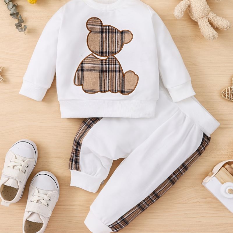 2 Stk Toddler Baby Pullover Rund Hals Langærmet Bjørn Broderi Sweatshirt & Splejsningsbukser Til Sæt Piger Drenge Børn Tøj