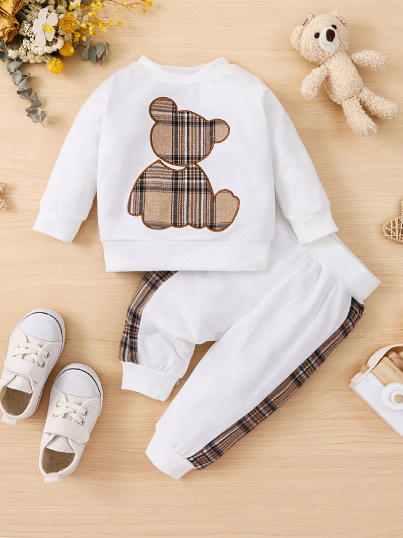 2 Stk Toddler Baby Pullover Rund Hals Langærmet Bjørn Broderi Sweatshirt & Splejsningsbukser Til Sæt Piger Drenge Børn Tøj