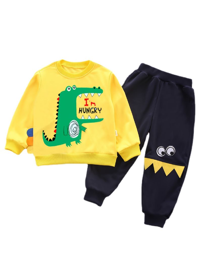 2stk Baby Drenge Tegneserie Dinosaur Print Pullover Rundhals Langærmet Sweatshirt & Bukser Børnetøj Sæt