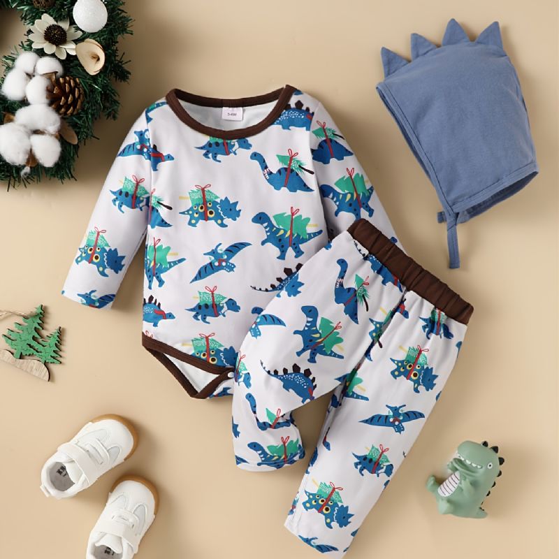 3 Stk Baby Drenge Dinosaur Print Langærmet Top & Bukser & Hat