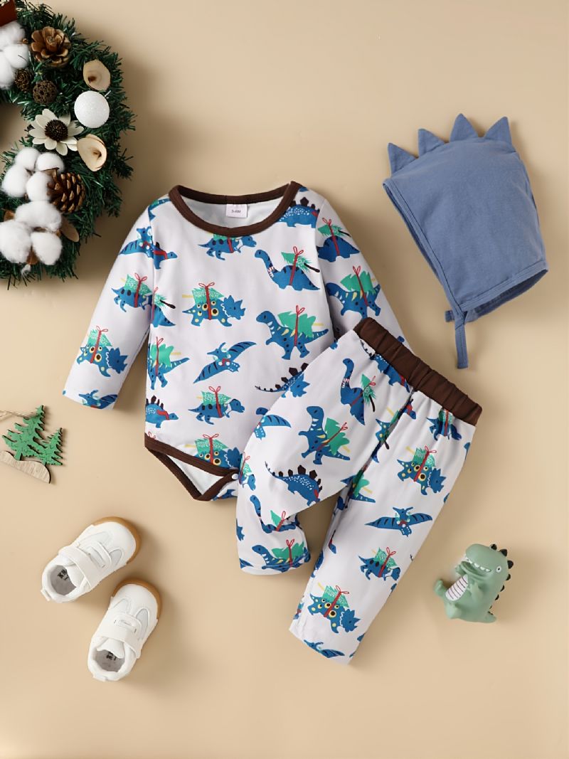 3 Stk Baby Drenge Dinosaur Print Langærmet Top & Bukser & Hat