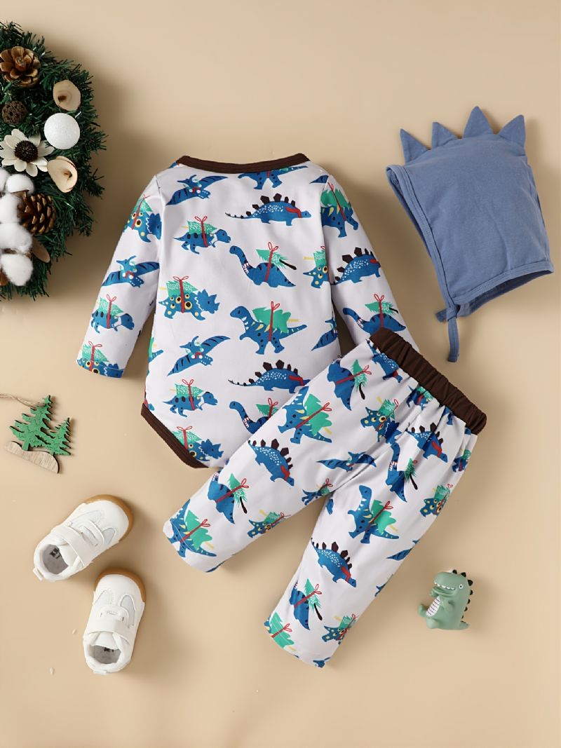 3 Stk Baby Drenge Dinosaur Print Langærmet Top & Bukser & Hat