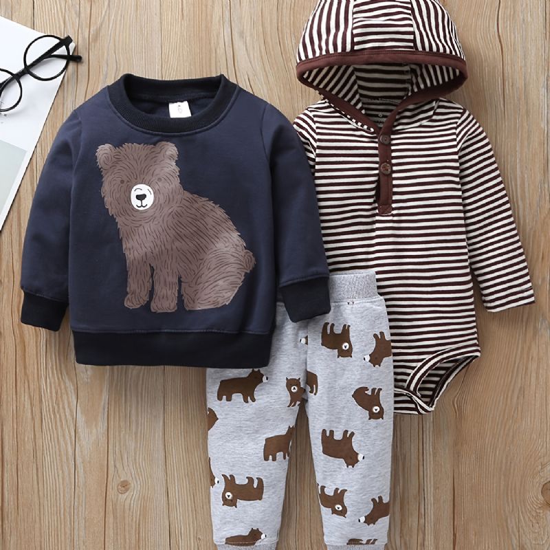 3 Stk Baby Drenge Hætte-bjørnetryk Bodysuit & Sweatshirt & Bukser Sæt Til Efterår Vinter Ny