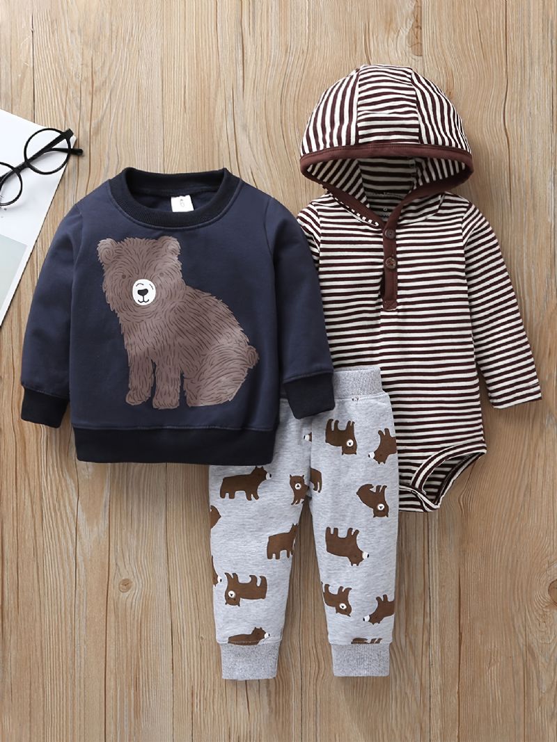 3 Stk Baby Drenge Hætte-bjørnetryk Bodysuit & Sweatshirt & Bukser Sæt Til Efterår Vinter Ny