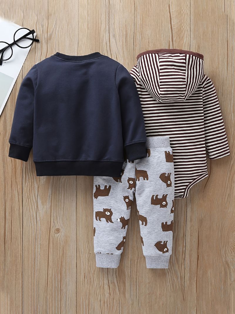 3 Stk Baby Drenge Hætte-bjørnetryk Bodysuit & Sweatshirt & Bukser Sæt Til Efterår Vinter Ny