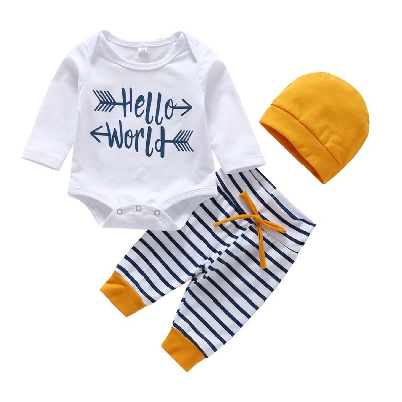 3 Stk Baby Drenge Hello World Letter Print Onesie Top Stribede Bukser Med Hatte Sæt Tøj