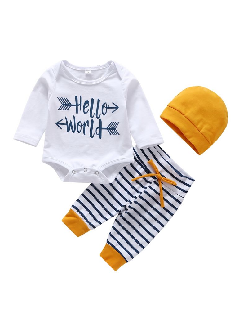 3 Stk Baby Drenge Hello World Letter Print Onesie Top Stribede Bukser Med Hatte Sæt Tøj