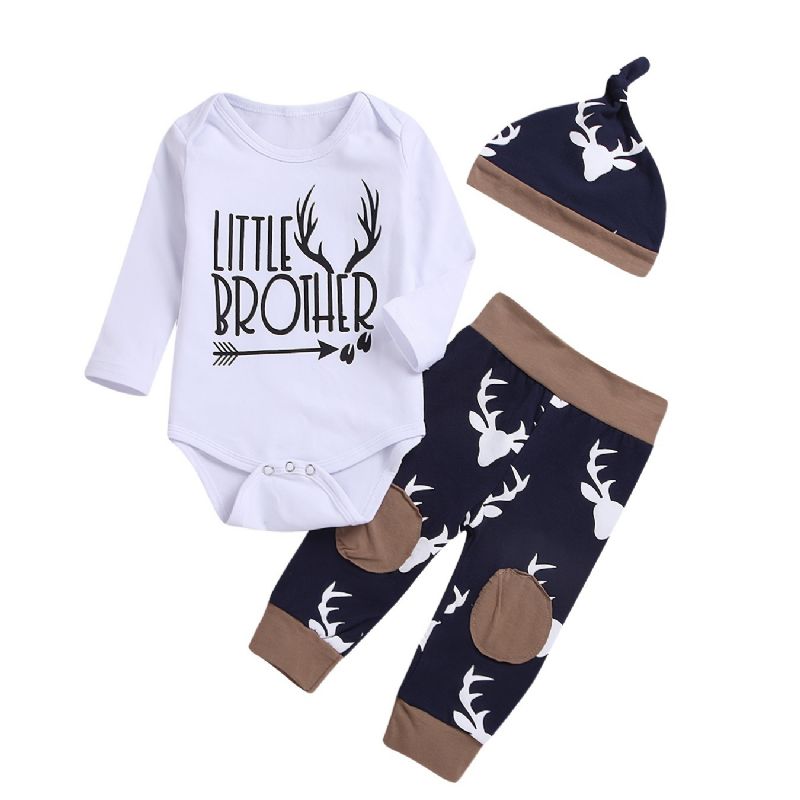 3 Stk Baby Drenge Romper Langærmet Elg Print Bodysuits & Bukser & Hatte Outfit Sæt