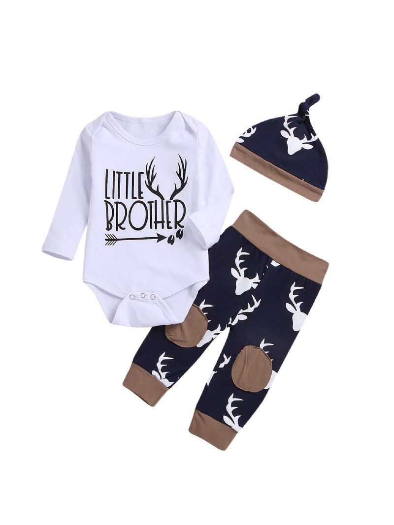 3 Stk Baby Drenge Romper Langærmet Elg Print Bodysuits & Bukser & Hatte Outfit Sæt