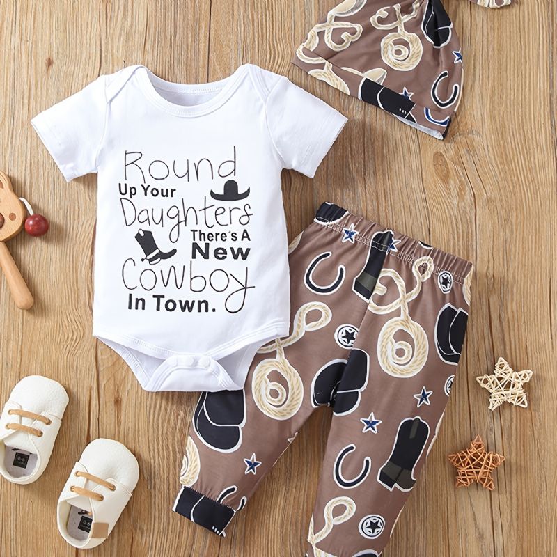 3 Stk Newborn Baby Drenge Cowdrenge Print Romper Sæt Med Sød Afslappet Rund Hals Kortærmet Bukser & & Hatte Til Vinter