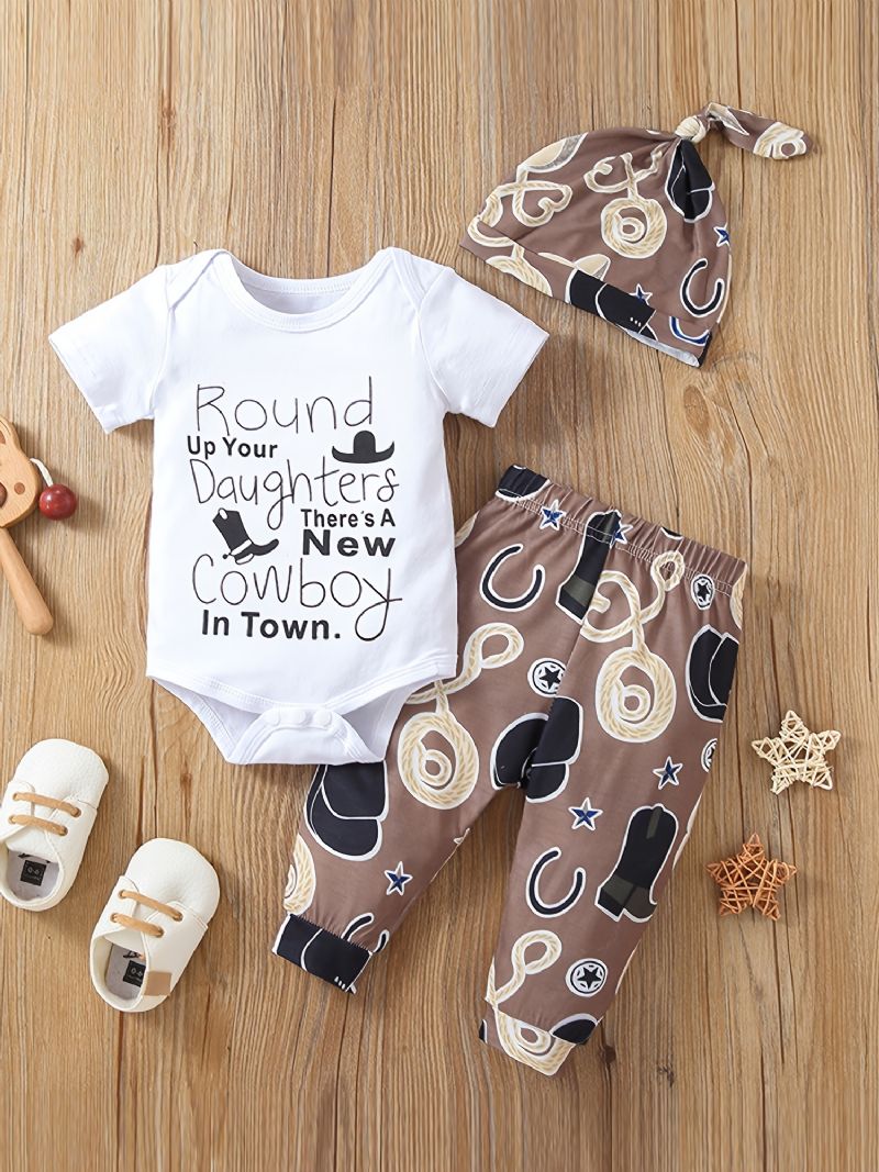 3 Stk Newborn Baby Drenge Cowdrenge Print Romper Sæt Med Sød Afslappet Rund Hals Kortærmet Bukser & & Hatte Til Vinter