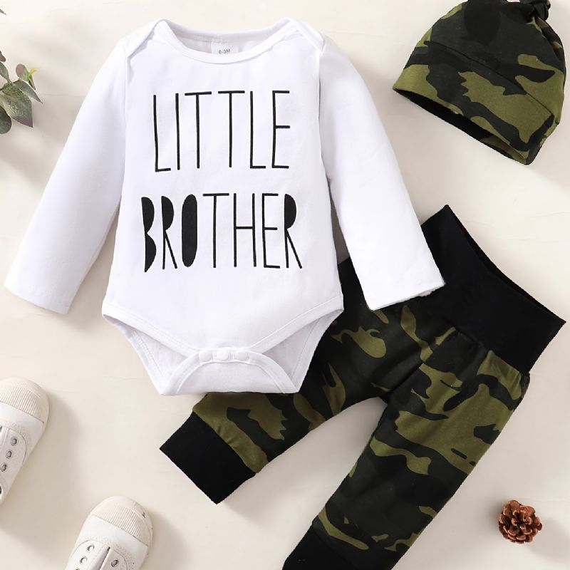 3 Stk Newborn Baby Letter Print Langærmede Rompers & Camo Bukser & Hatte Til Drenge Sæt