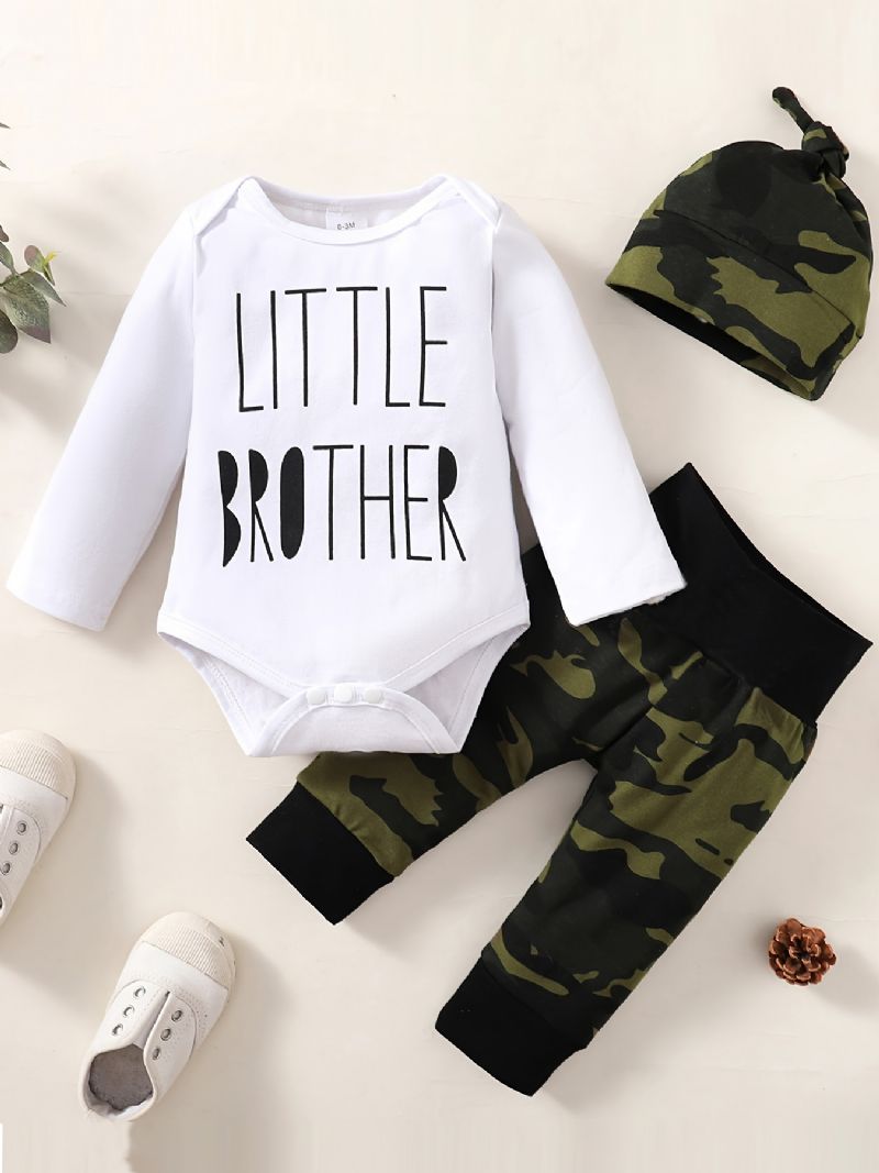 3 Stk Newborn Baby Letter Print Langærmede Rompers & Camo Bukser & Hatte Til Drenge Sæt