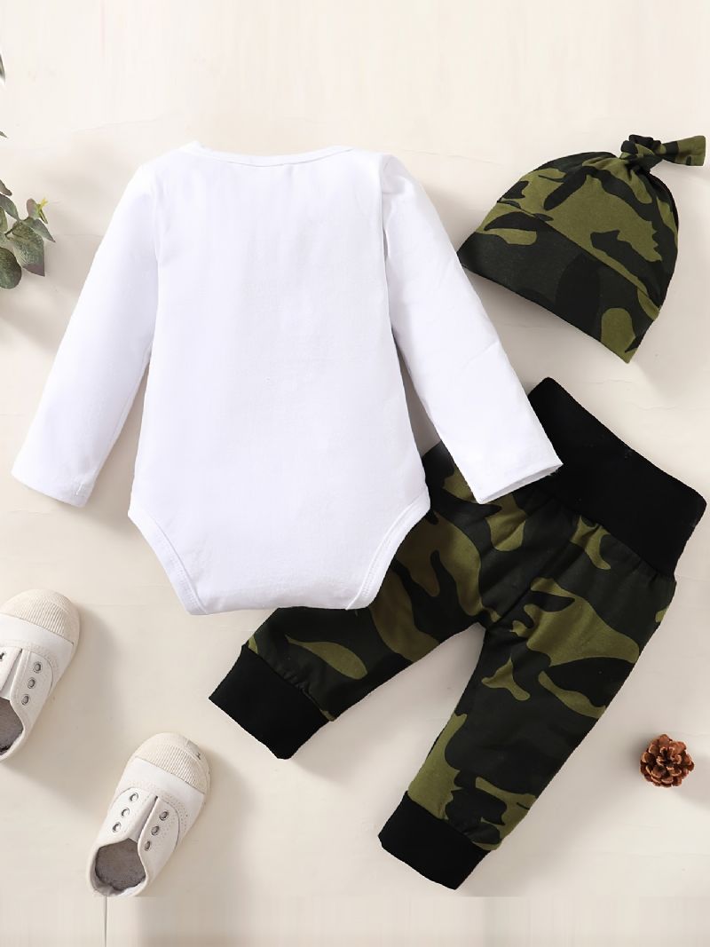 3 Stk Newborn Baby Letter Print Langærmede Rompers & Camo Bukser & Hatte Til Drenge Sæt