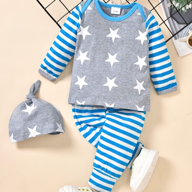 3 Stk Småbørn Baby Stripe Print Langærmet & Bukser & Hatte Sæt Til Drenge