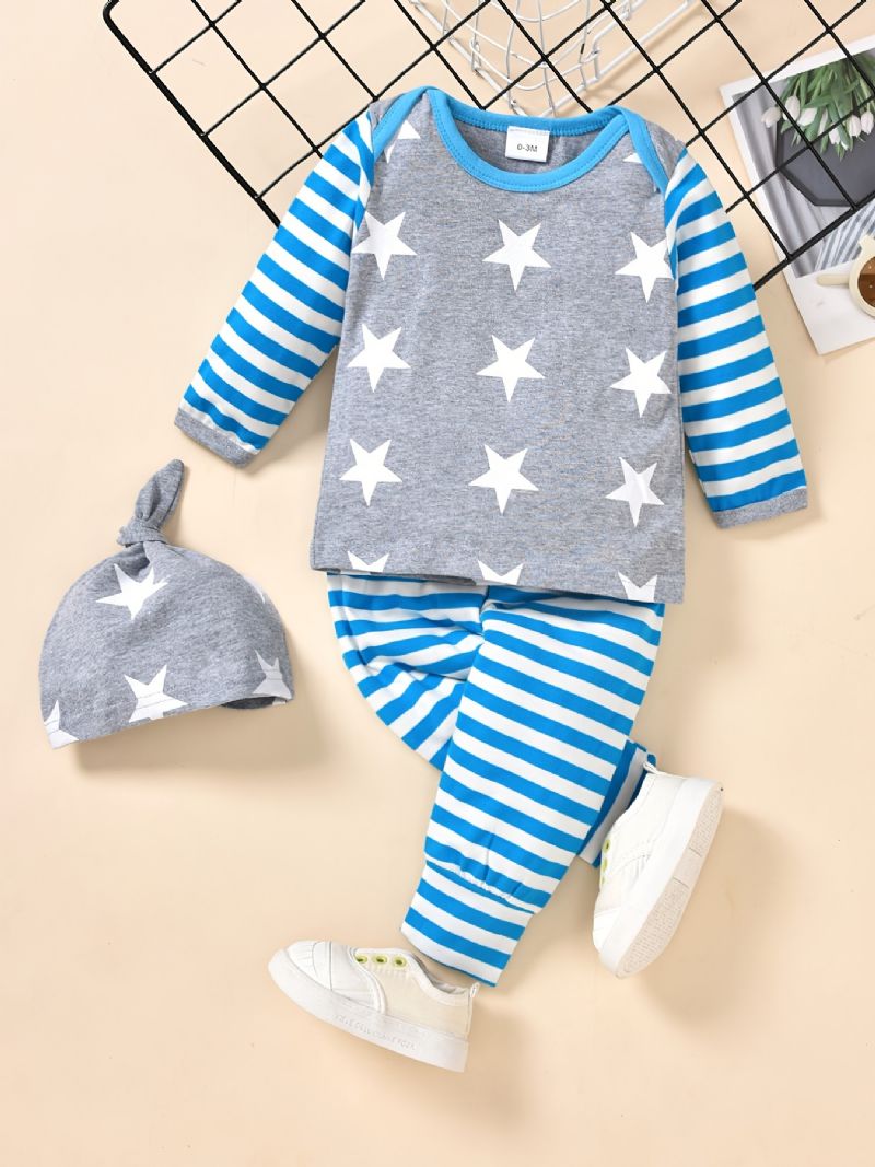 3 Stk Småbørn Baby Stripe Print Langærmet & Bukser & Hatte Sæt Til Drenge