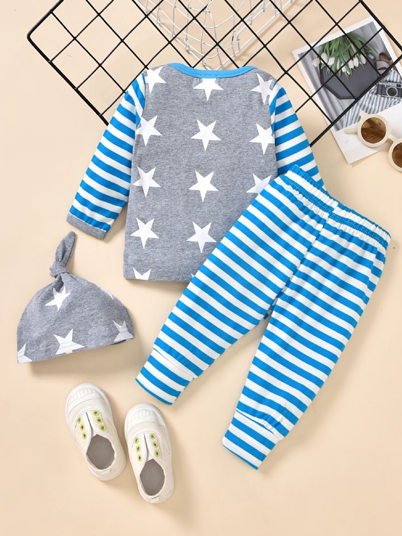 3 Stk Småbørn Baby Stripe Print Langærmet & Bukser & Hatte Sæt Til Drenge