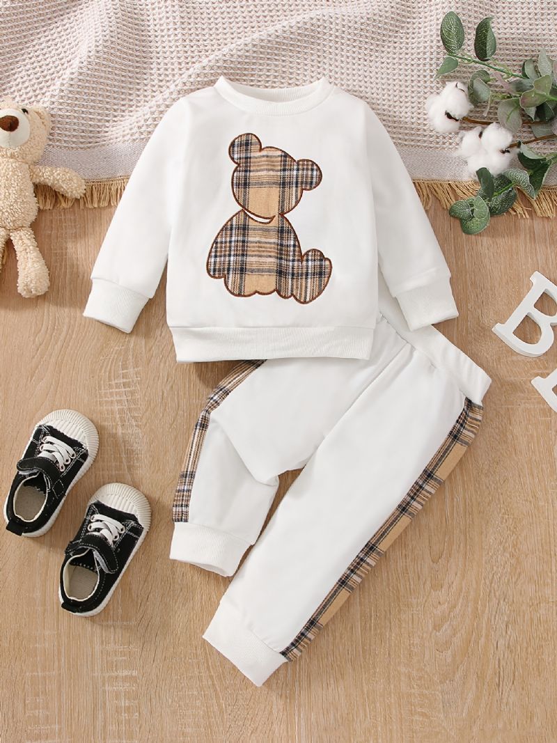 Baby Bear Print Langærmet Sweatshirt Patchwork Plaid Bukser Sæt Efterår Vinter