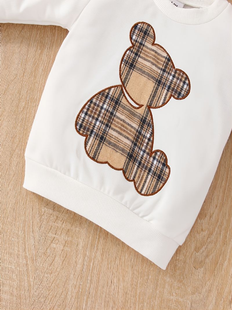 Baby Bear Print Langærmet Sweatshirt Patchwork Plaid Bukser Sæt Efterår Vinter