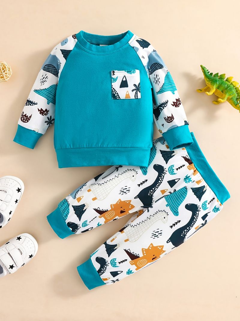 Baby Drenge Animal Tegneserie Print Langærmet Rund Hals Sweatshirt & Bukser Sæt