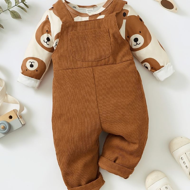 Baby Drenge Bear Print Langærmede & Overalls Sæt Til Efterår Vinter Ny