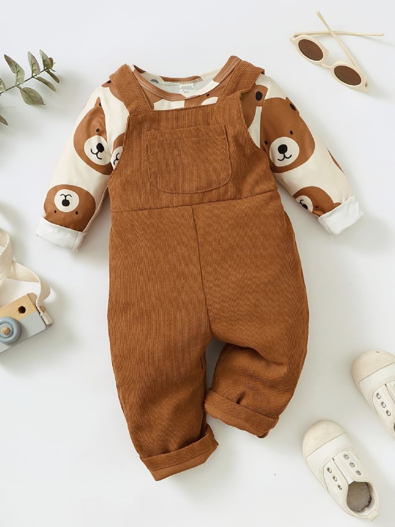 Baby Drenge Bear Print Langærmede & Overalls Sæt Til Efterår Vinter Ny