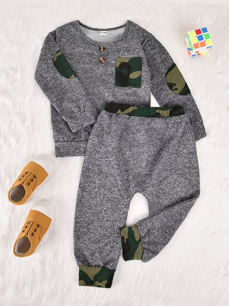 Baby Drenge Camouflage Patchwork Pullover Rundhals Langærmet Sweatshirt & Buksesæt Småbørnstøj