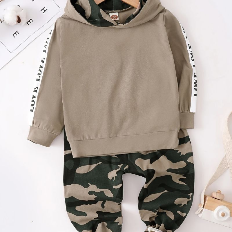 Baby Drenge Casual Active Sæt Med Camouflage Love Print Hættetrøje & Bukser