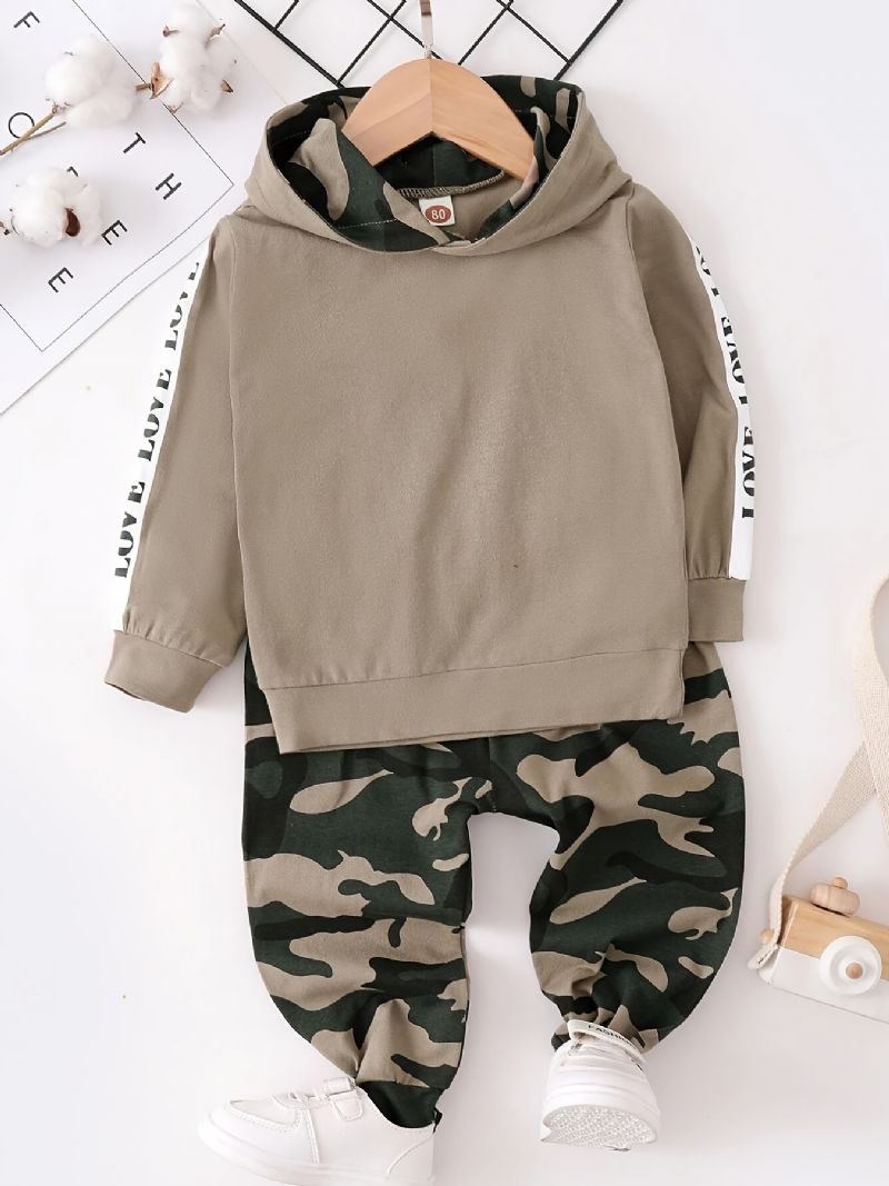 Baby Drenge Casual Active Sæt Med Camouflage Love Print Hættetrøje & Bukser