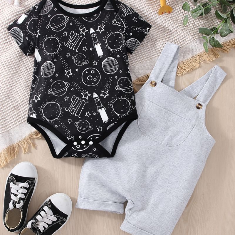 Baby Drenge Casual Planet Space Print Romper & Solid Bib Shorts Sæt