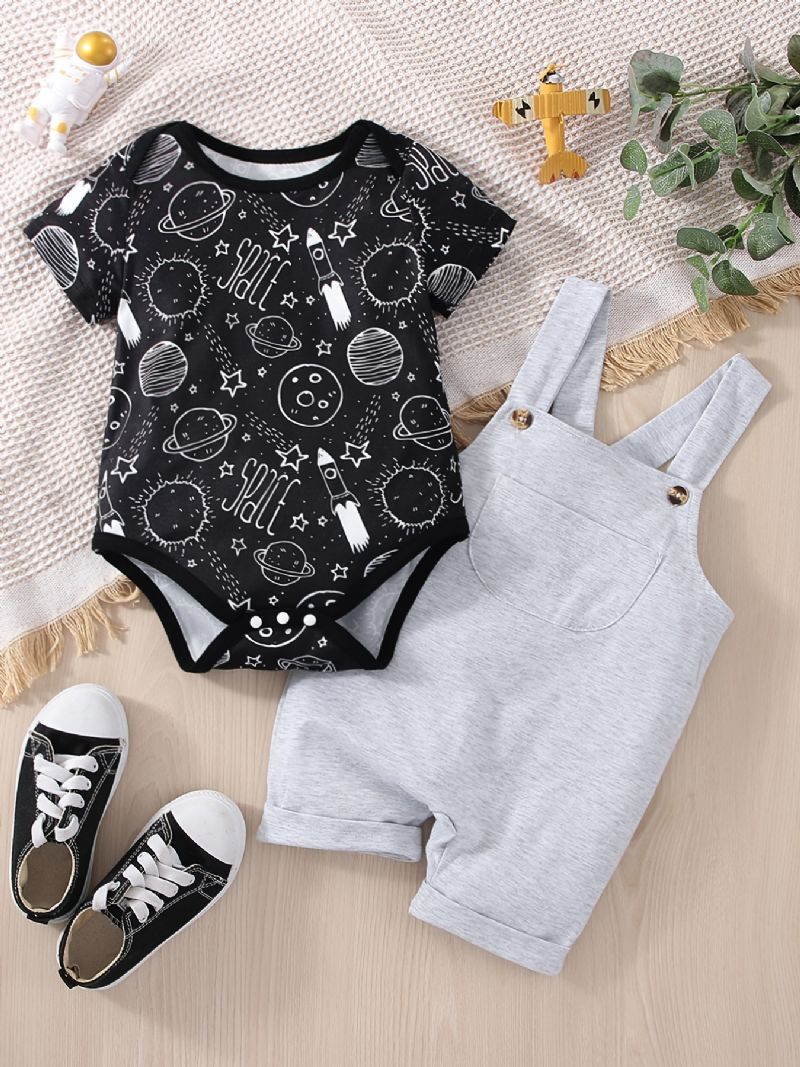 Baby Drenge Casual Planet Space Print Romper & Solid Bib Shorts Sæt