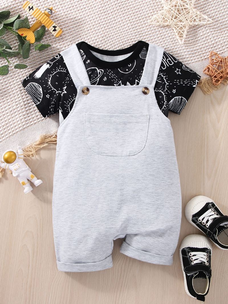 Baby Drenge Casual Planet Space Print Romper & Solid Bib Shorts Sæt