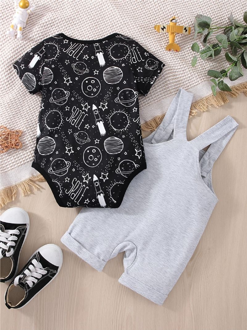 Baby Drenge Casual Planet Space Print Romper & Solid Bib Shorts Sæt