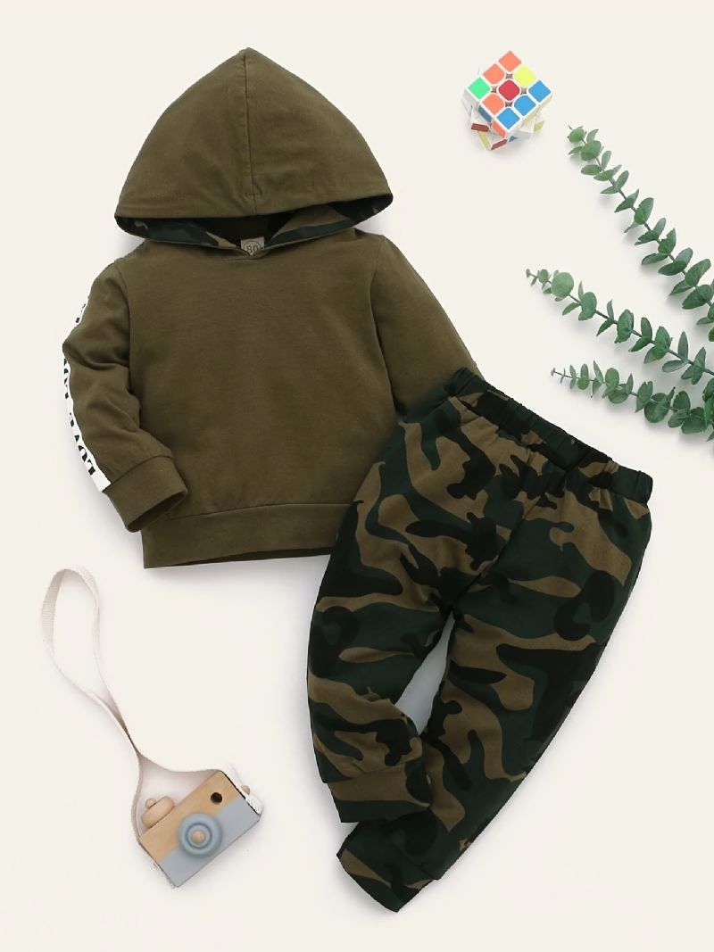 Baby Drenge Casual Sæt Med Love Print Hættetrøje & Camouflage Bukser