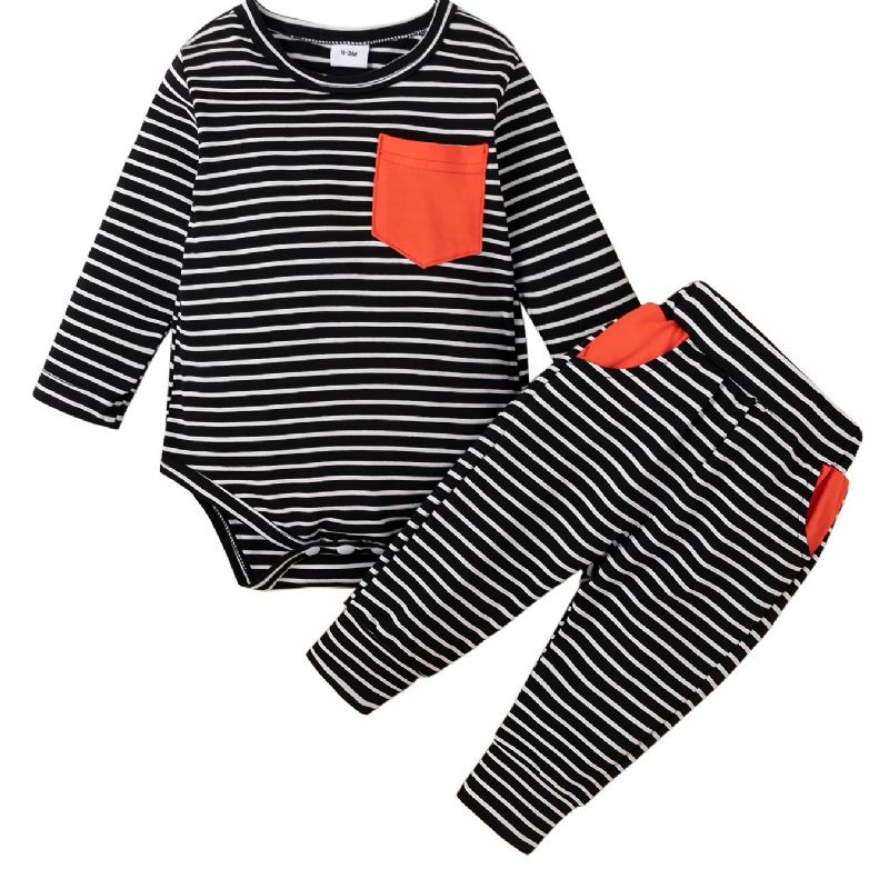 Baby Drenge Casual Stripped Romper & Bukser Med Røde Lommer Sæt