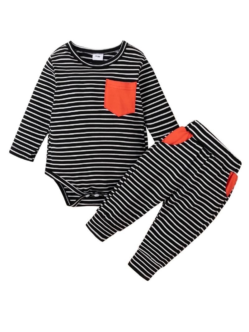 Baby Drenge Casual Stripped Romper & Bukser Med Røde Lommer Sæt