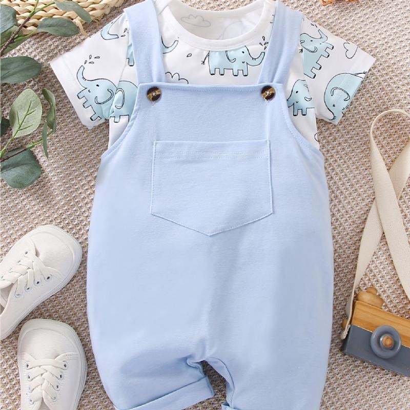 Baby Drenge Casual Tegneserie Elephant Print Romper & Solid Bib Pants Set