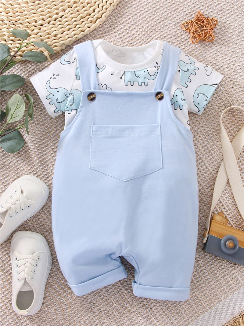 Baby Drenge Casual Tegneserie Elephant Print Romper & Solid Bib Pants Set