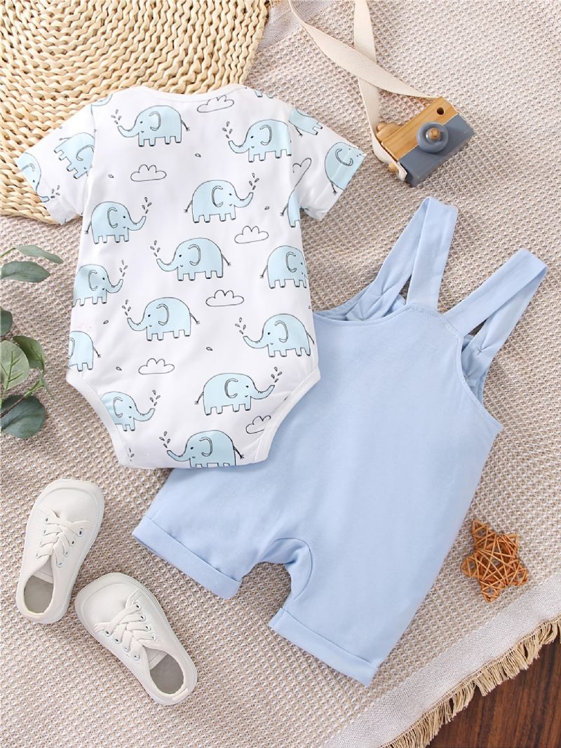 Baby Drenge Casual Tegneserie Elephant Print Romper & Solid Bib Pants Set