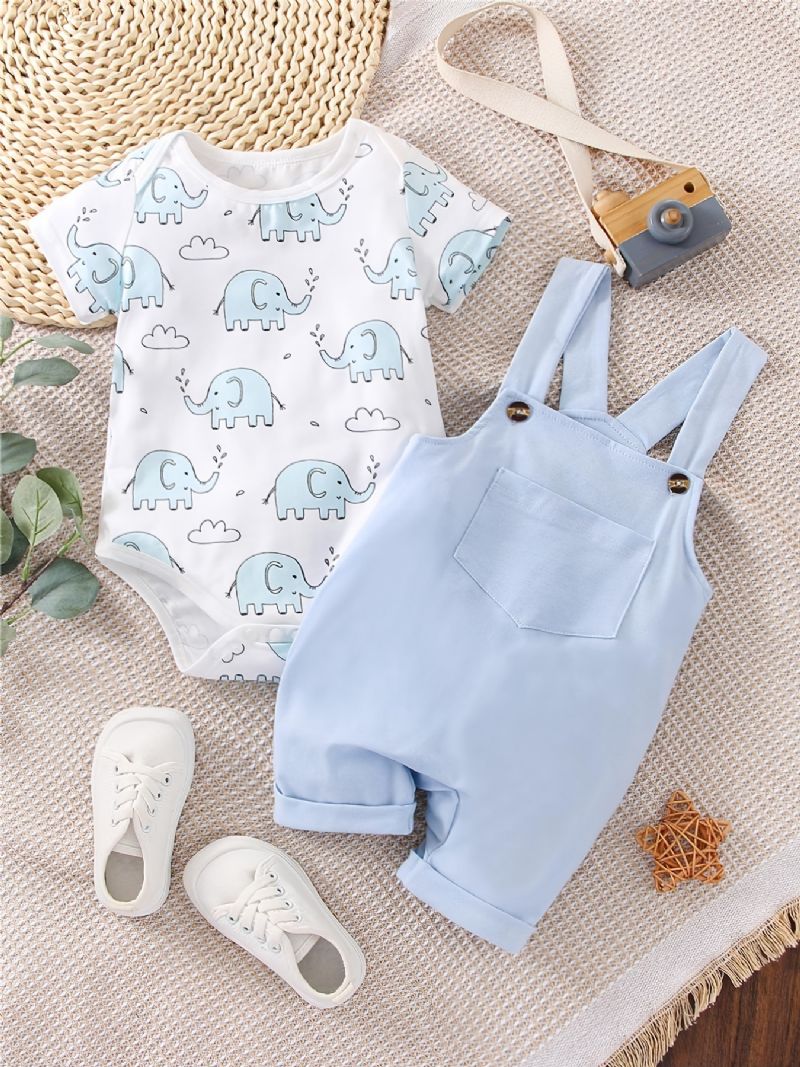 Baby Drenge Casual Tegneserie Elephant Print Romper & Solid Bib Pants Set