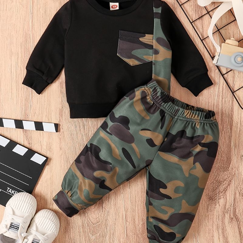 Baby Drenge Crew Neck Camouflage Langærmet Patchwork Sæt