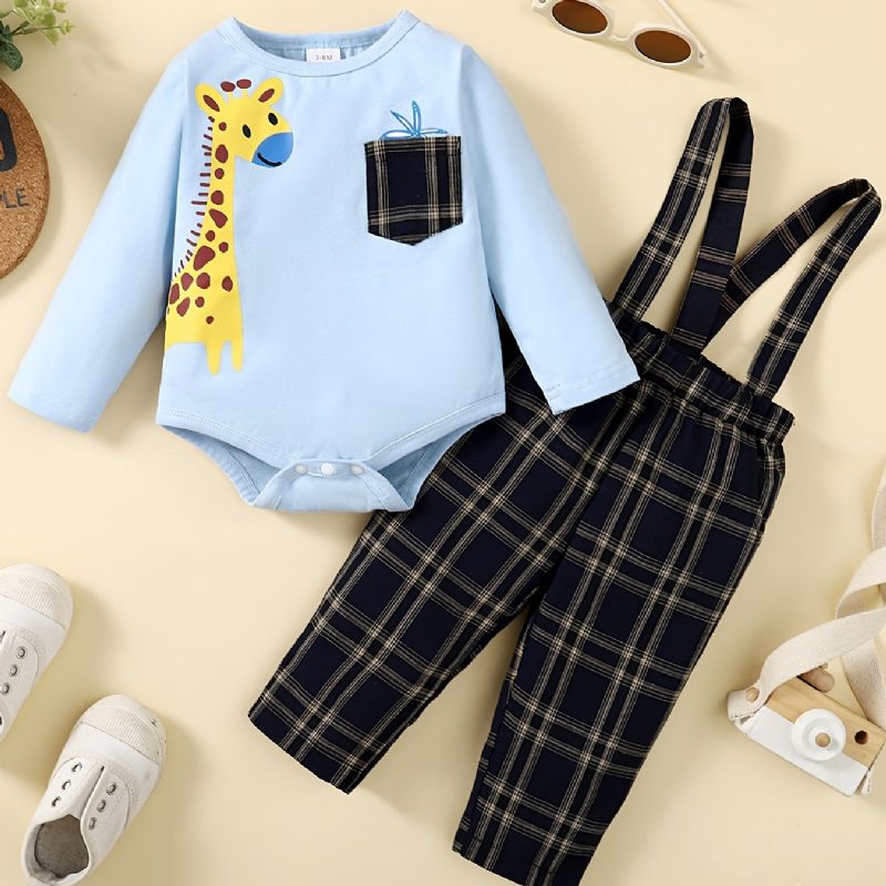 Baby Drenge Deer Print Bodysuit Onesie & Plaid Suspender Pants Set