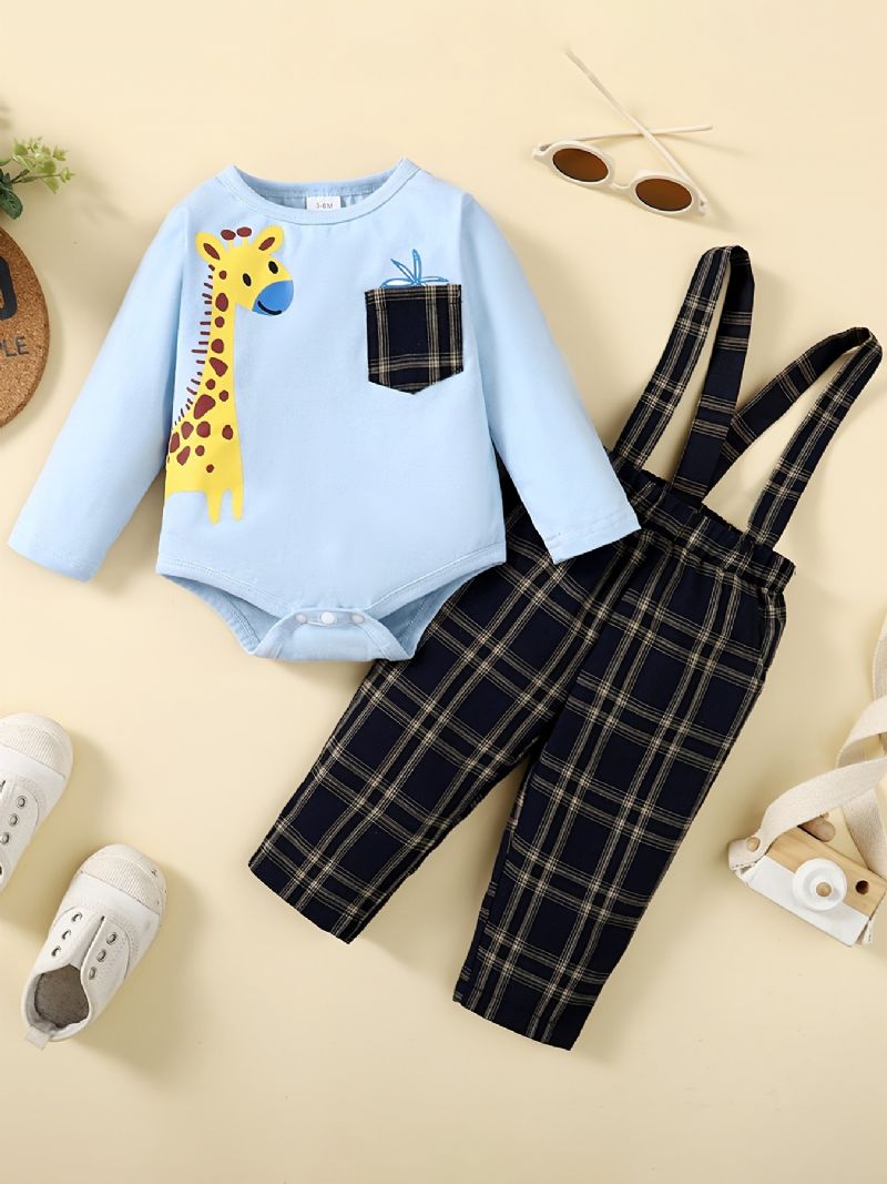 Baby Drenge Deer Print Bodysuit Onesie & Plaid Suspender Pants Set