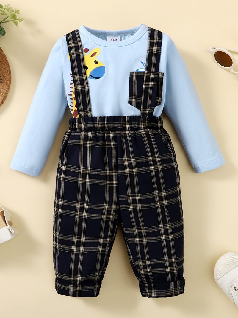 Baby Drenge Deer Print Bodysuit Onesie & Plaid Suspender Pants Set