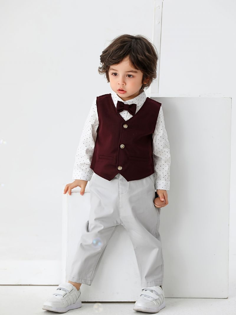 Baby Drenge Formelle Gentleman Outfits Langærmede Polka Dot Romper + Solid Vest + Matchende Bukser Sæt Babytøj Til Jul