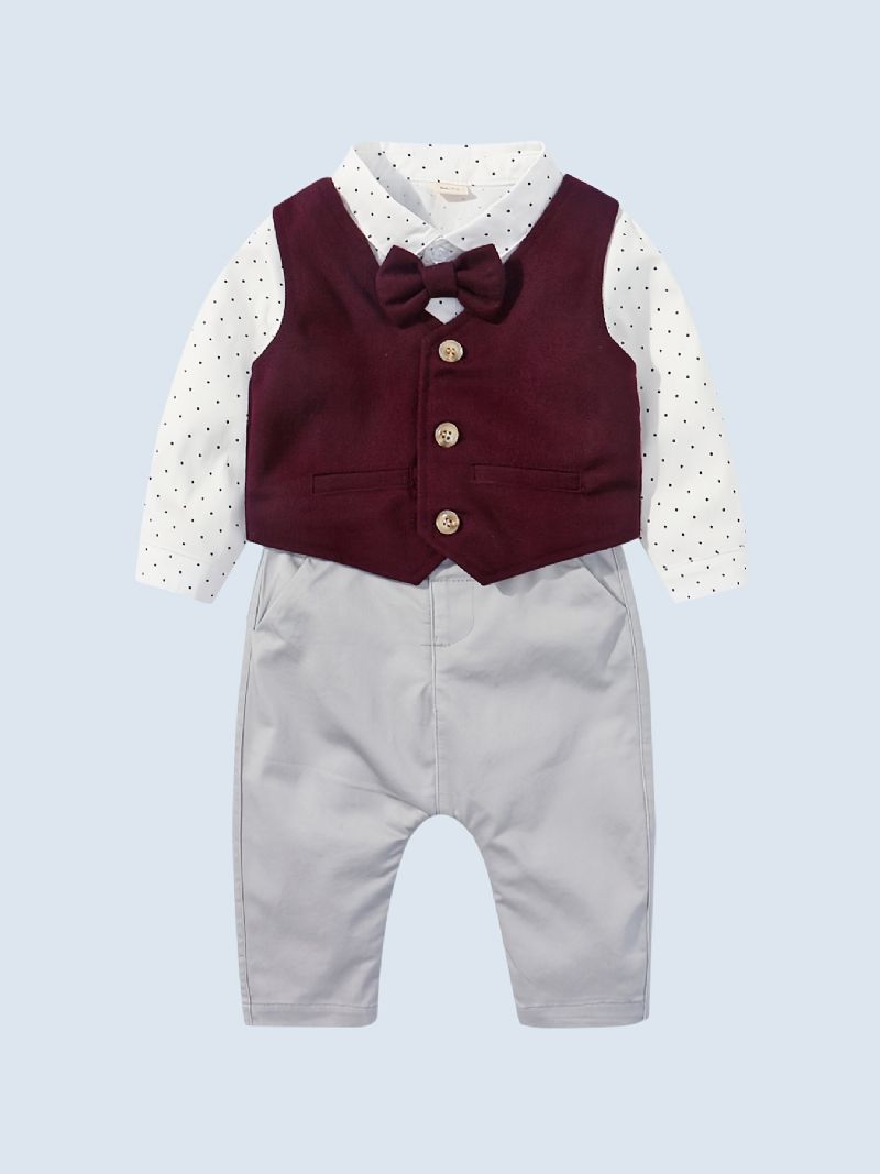 Baby Drenge Formelle Gentleman Outfits Langærmede Polka Dot Romper + Solid Vest + Matchende Bukser Sæt Babytøj Til Jul